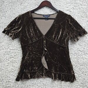 Boston Proper Crushed Velvet Ruffle‎ Blouse Women 8 Brown V-Neck Top Y2k Goth